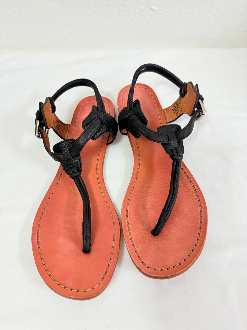 Coach Clarkson Black Leather T-Bar Sandals Coral Insole Size 7.5